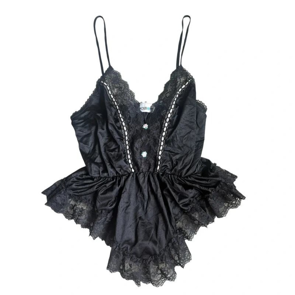 Apostrophe Vintage Cami Top Lace Rosette Peplum Coquette Small Black 90s